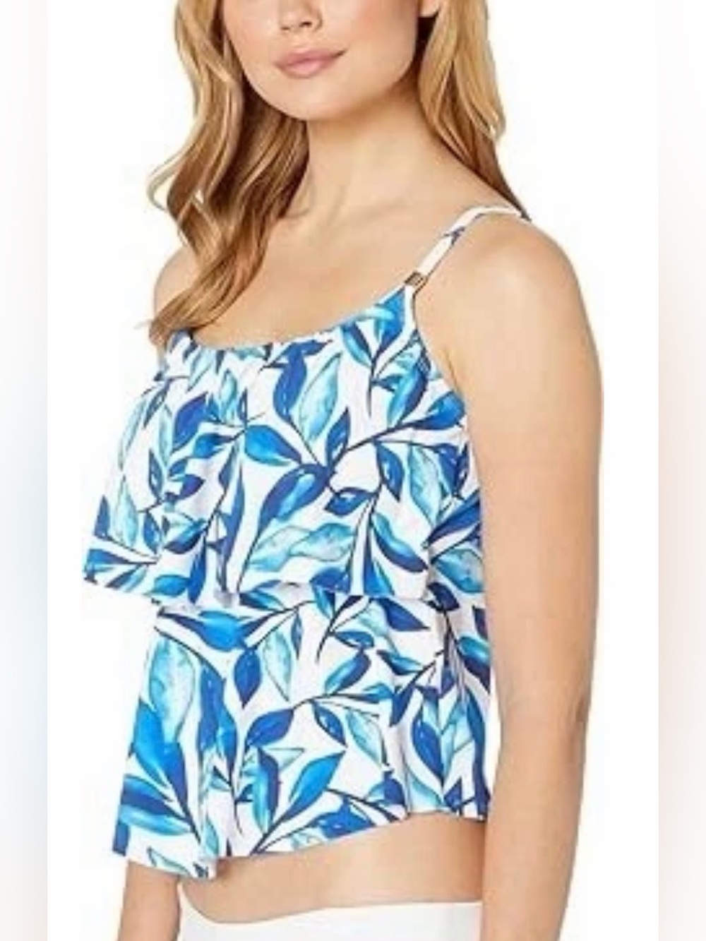 24th & Ocean Blue and White Leaf Print Ruffle Tankini Top size XL